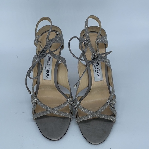 Jimmy Choo Silver Glitter Strappy rhinestone ankle tie peep toe heels 37 - Picture 3 of 9